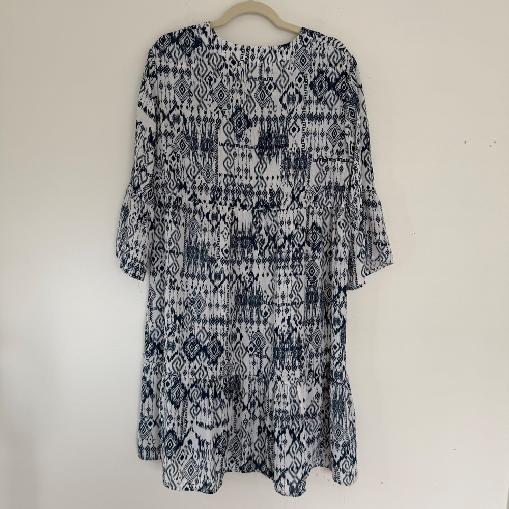 Indigo Soul Women's Midi Summer Dress Large Aztec Blue White Artsy Boho Coastal - Picture 8 of 13